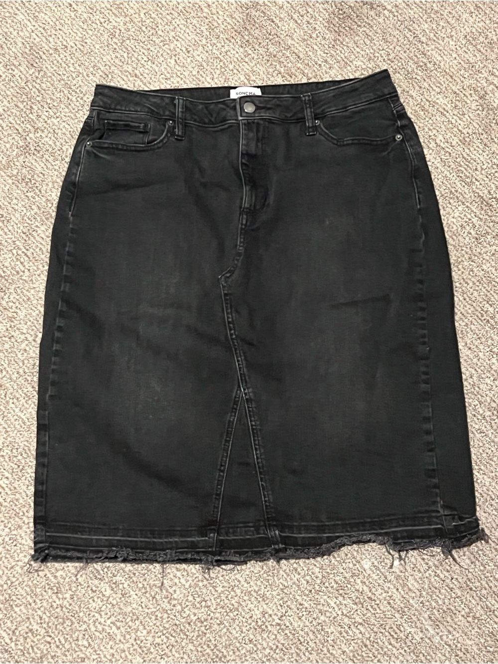 Black Denim Midi Skirt with Pockets and Back Slit - Size 16. Sonoma.